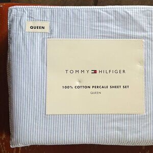 New TOMMY HILFIGER Ithaca Stripe Queen Size Blue/White Cotton Percale Sheet Set